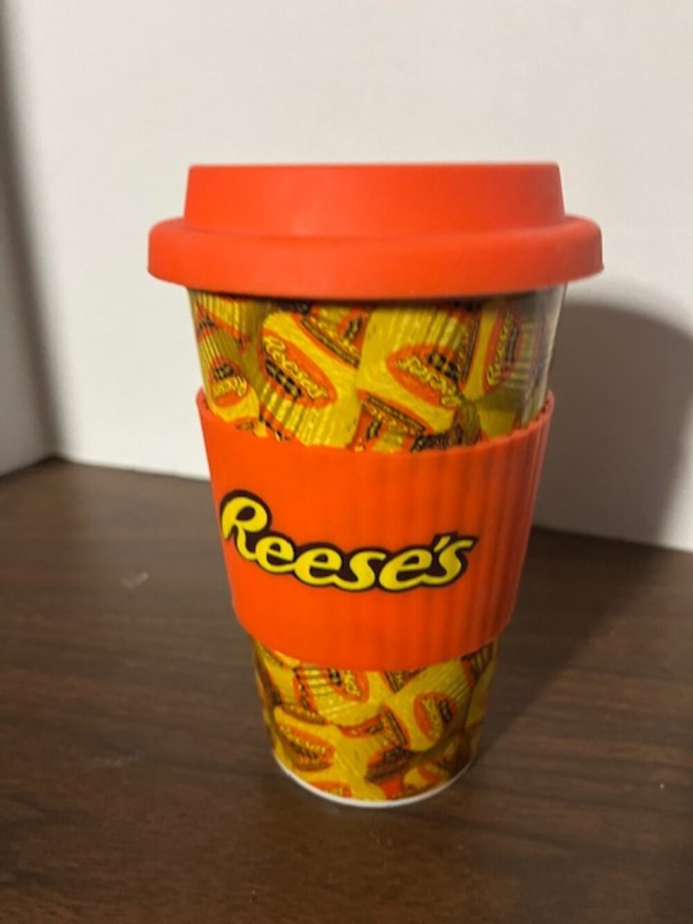 Reeses Peanut Butter Cups Ceramic Drink Tumbler With Silicone Lid and Grip 16 oz